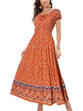 🆕Women Tangerine Boho Floral Flowy Print Tiered Short Sleeves Summer Maxi Dress
